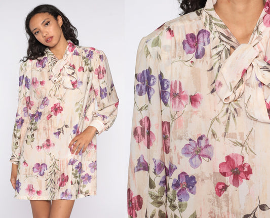 70s Floral Necktie Mini Dress Plus Size Long Sleeve Pullover XXL