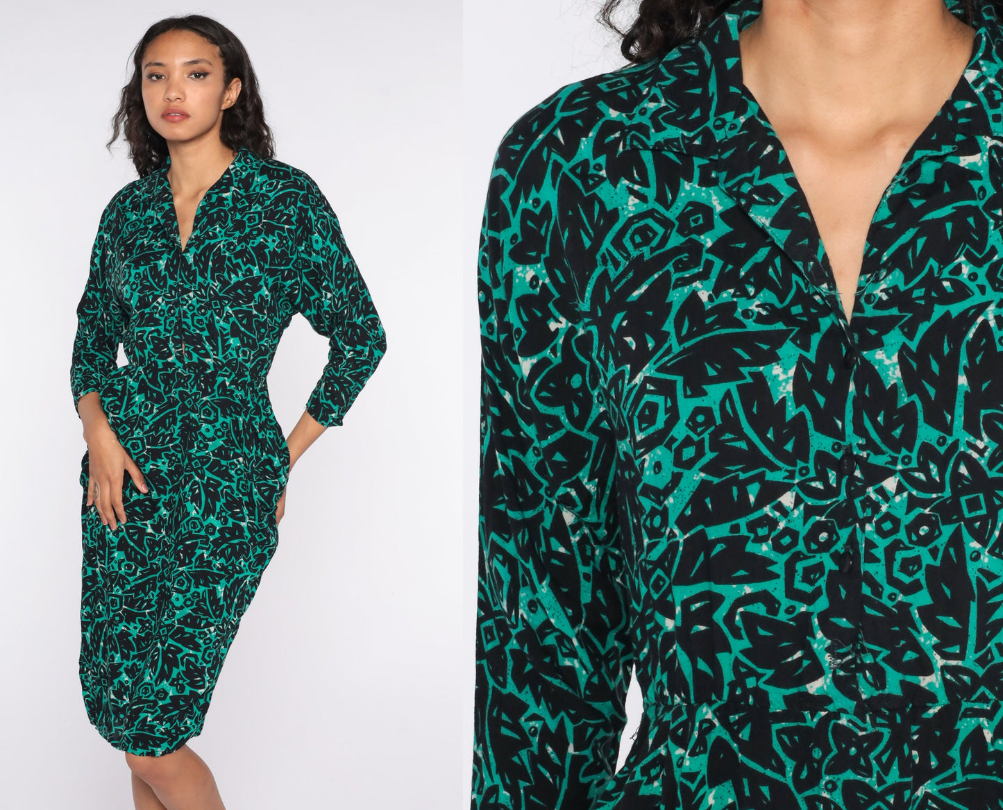 80s Tropical Jungle Print Midi Dress High Waisted Pencil Button Up Green Small