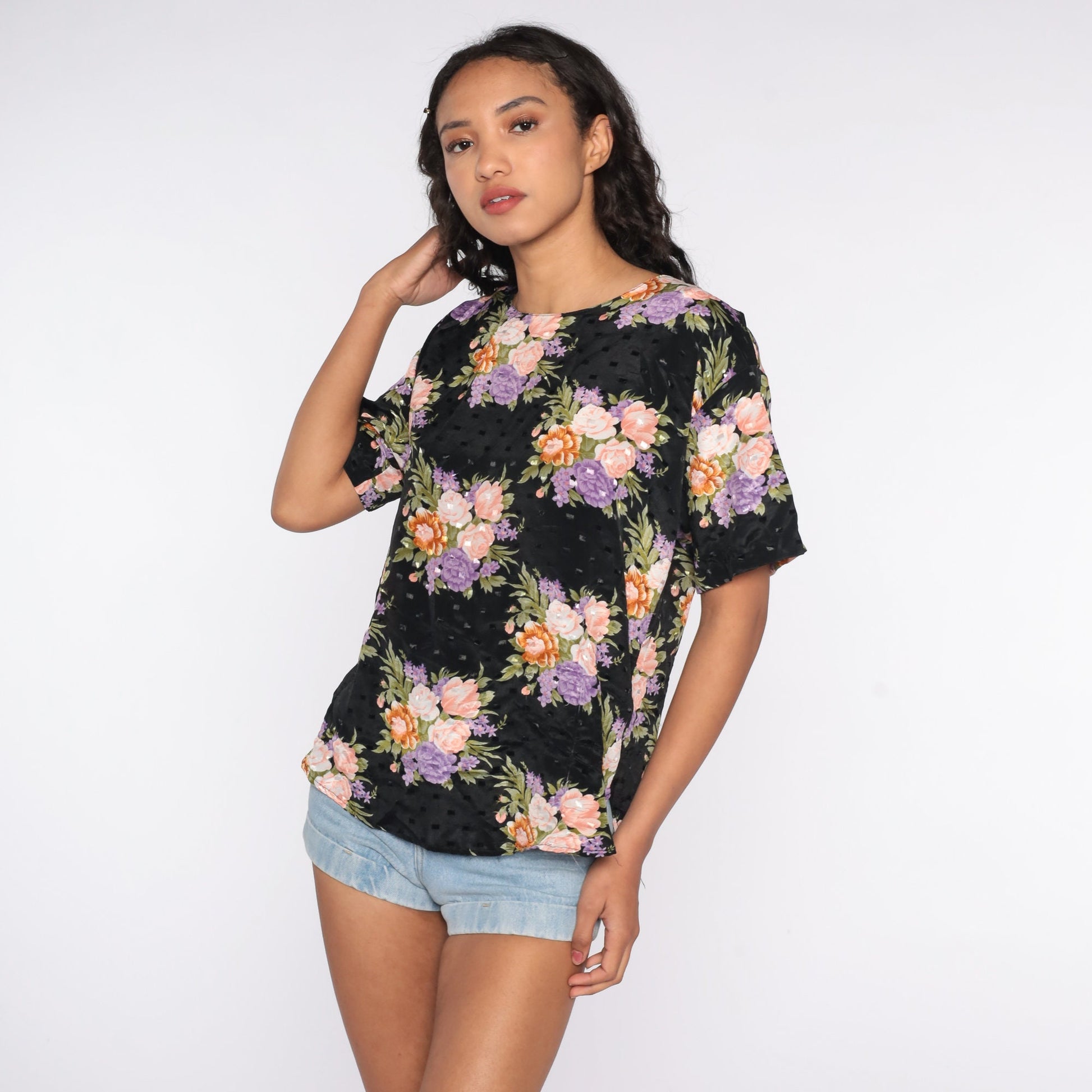 80s Black Floral Embossed Blouse Short Sleeve Shirt Plus Size 14W