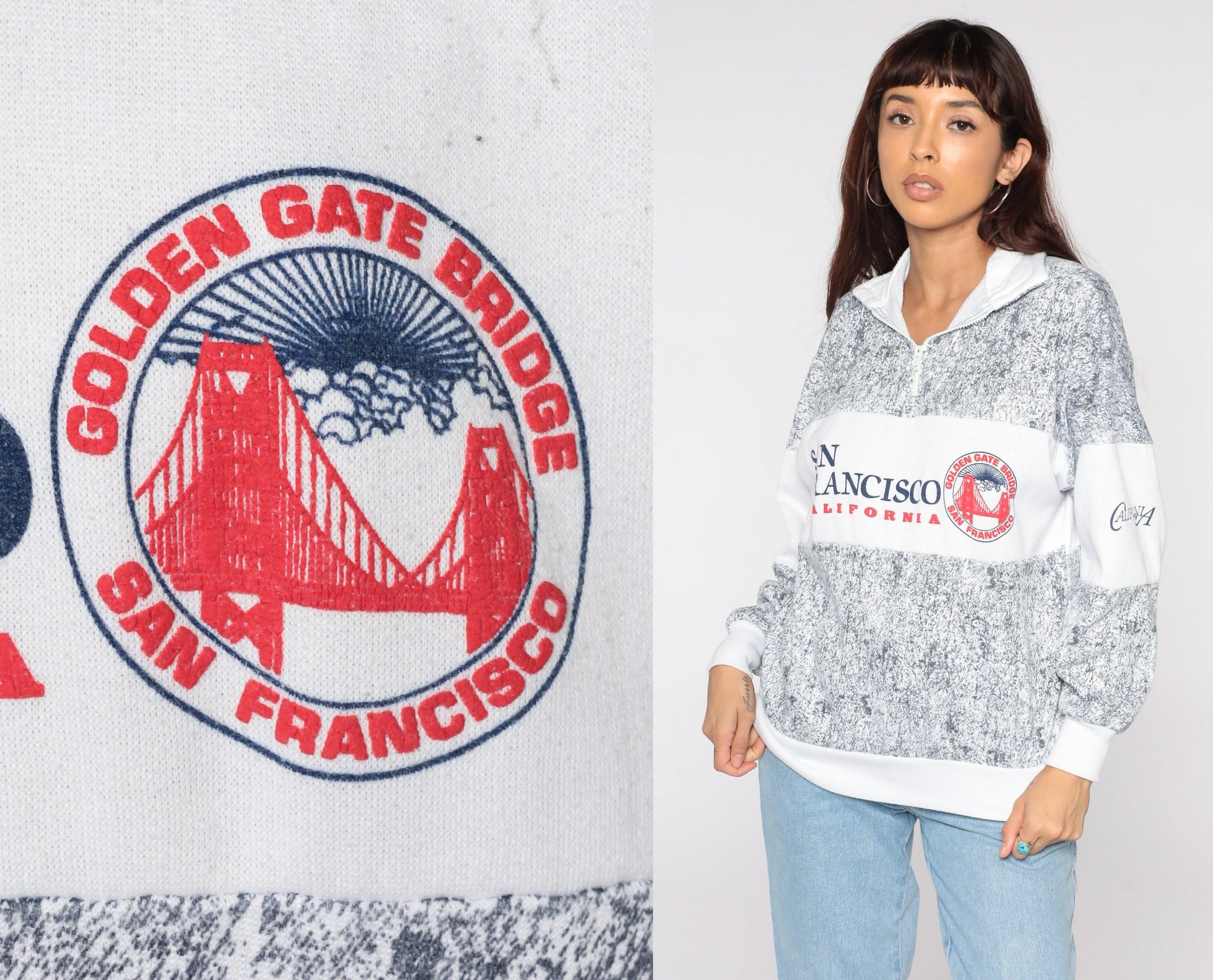 80s San Francisco Golden Gate Bridge Quarter Zip Sweatshirt Grey Large L