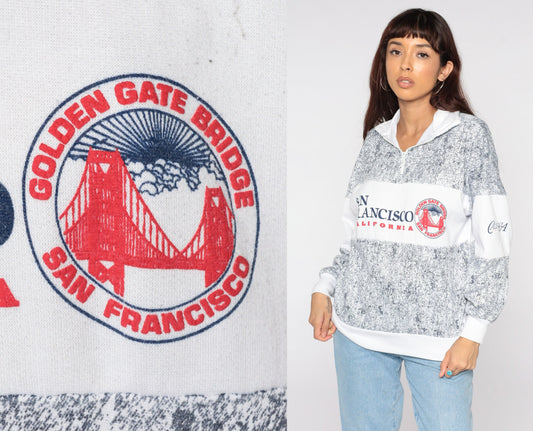 80s San Francisco Golden Gate Bridge Quarter Zip Sweatshirt Grey Large L
