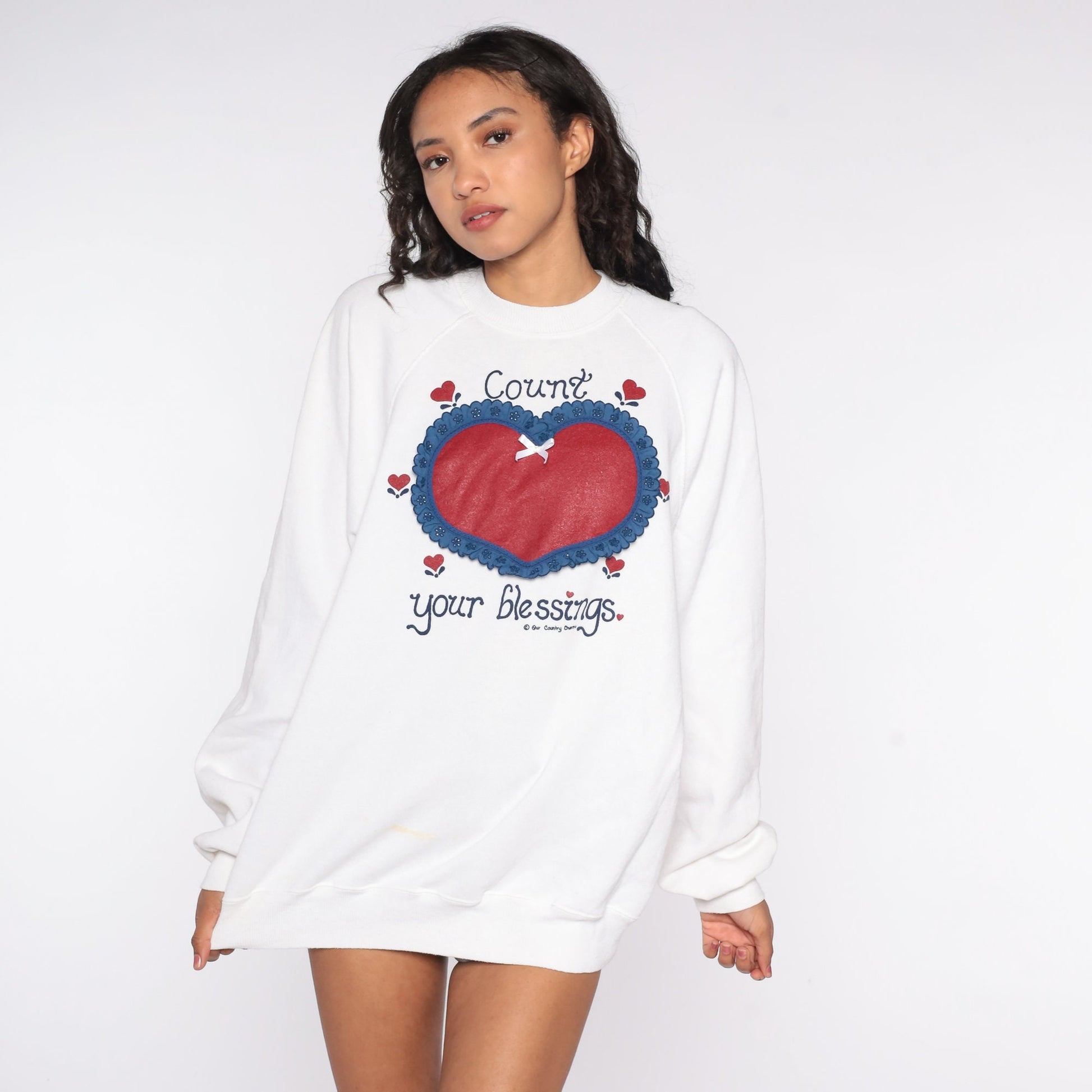80s Heart Count Your Blessings Sweatshirt Novelty Raglan Extra Large XL