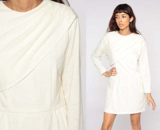 80s Off-White Mini Dress High Waist Long Sleeve Draped Medium