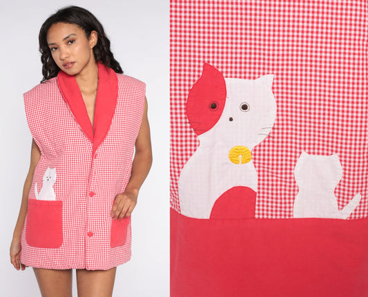 80s Cat Gingham Quilted Vest Red Checkered Button Up Extra Large XL