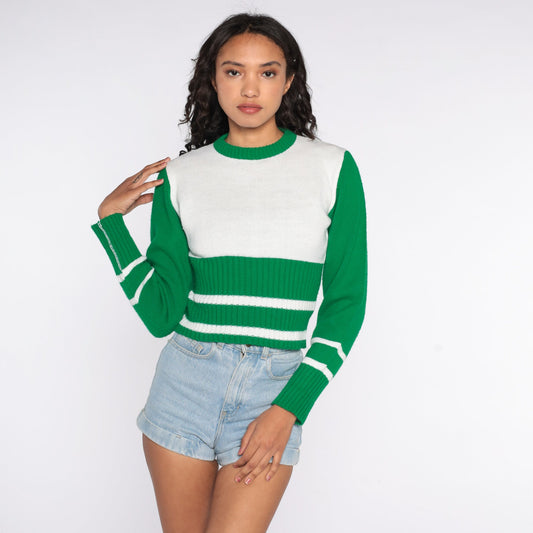 70s Striped Knit Sweater White Green Ringer Pullover Small