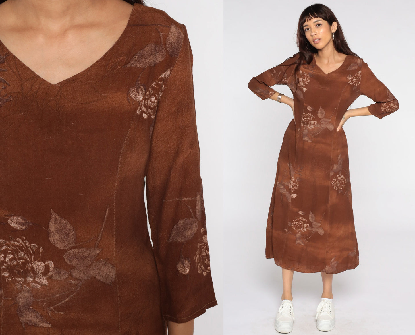 90s Brown Floral Rayon Dress Long Sleeve Maxi Small