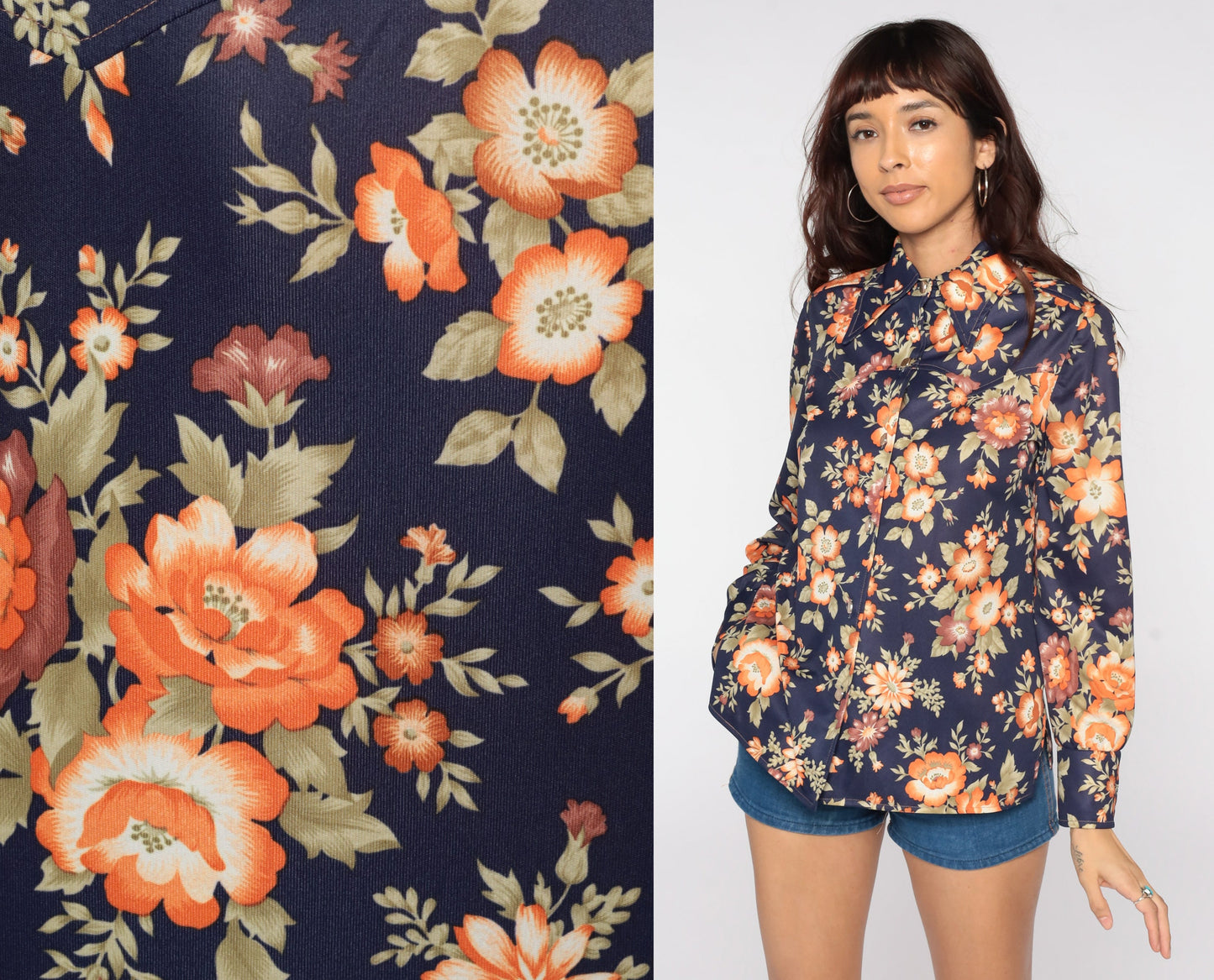 70s Floral Button Up Shirt Navy Blue Pointed Collar Long Sleeve Medium