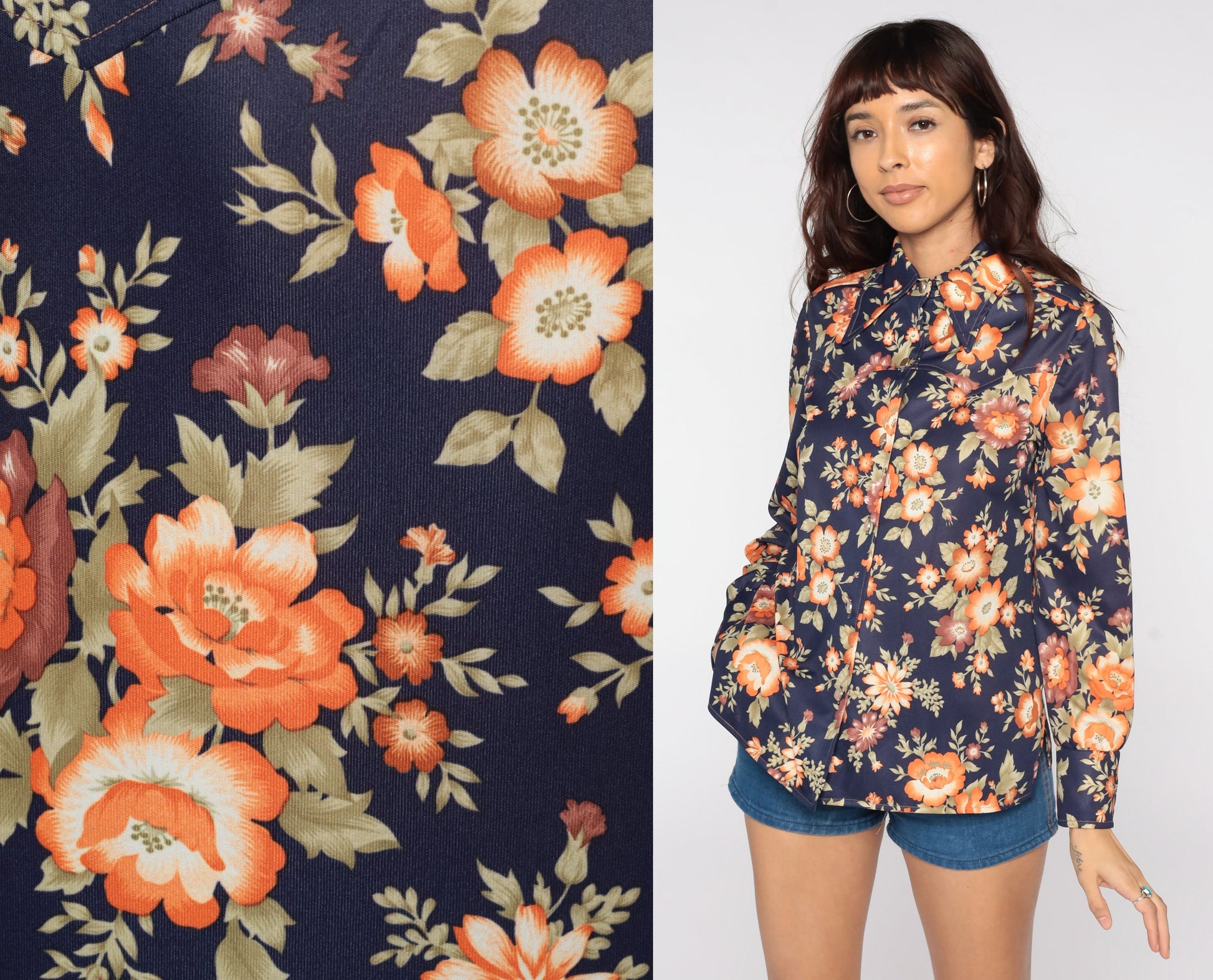 70s Floral Button Up Shirt Navy Blue Pointed Collar Long Sleeve Medium