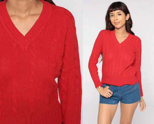 70s Red Wool Cable Knit Sweater Pullover Small Medium