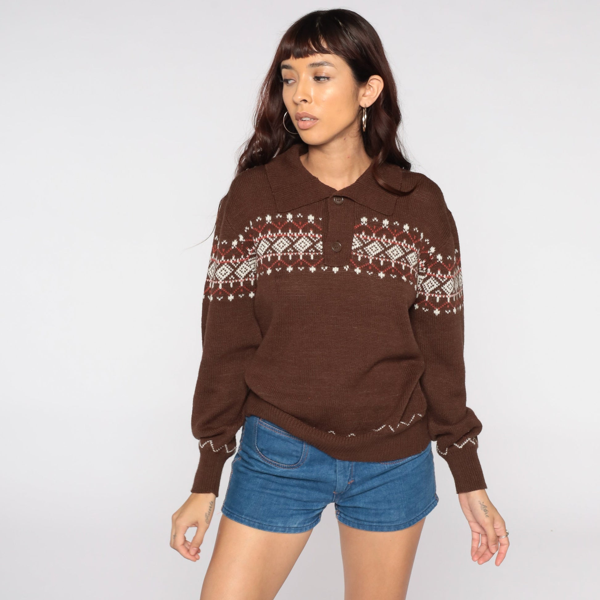 70s Fair Isle Sweater Brown Knit Geometric Pullover Medium
