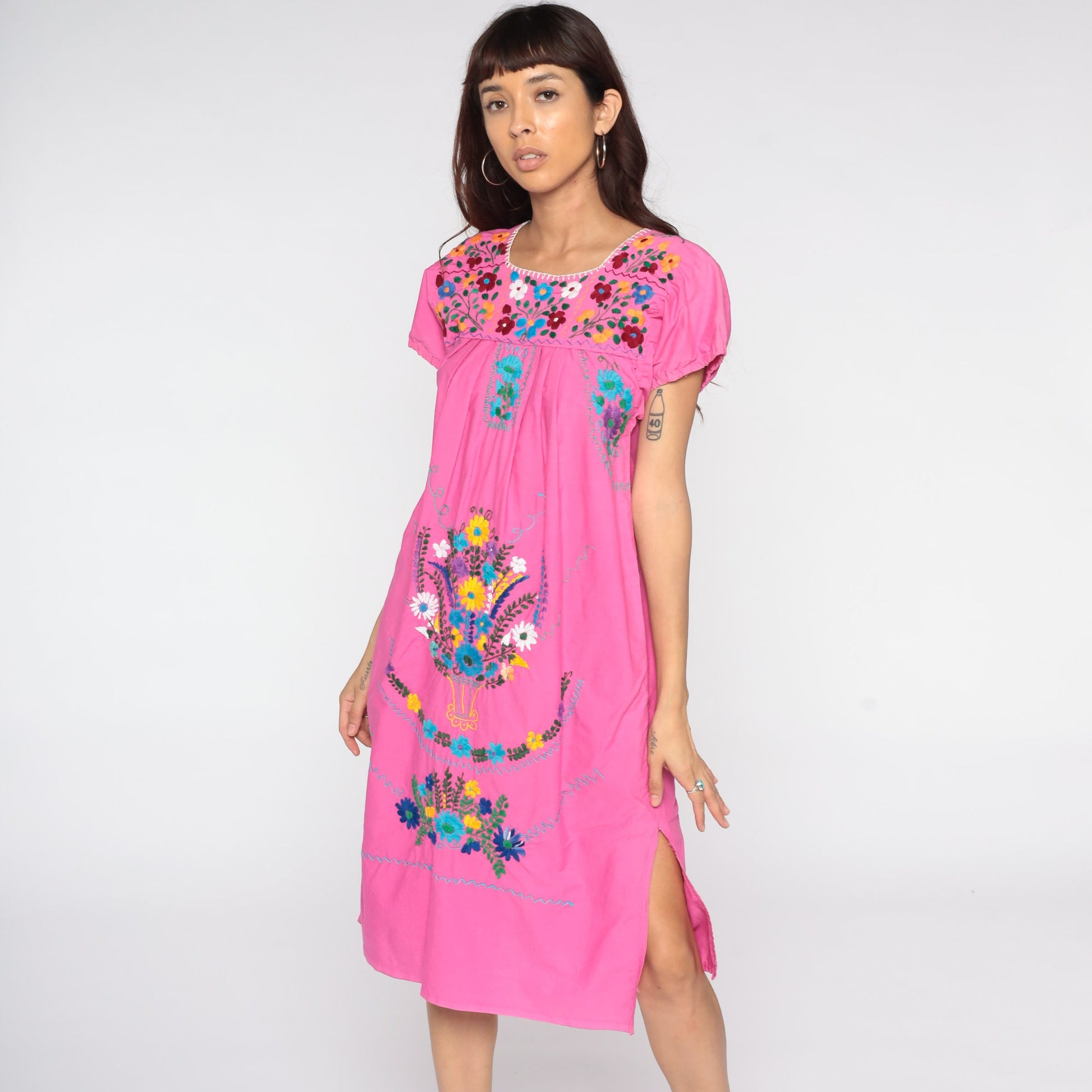 Vintage Mexican Pink Cotton Midi Dress Embroidered Tunic Medium