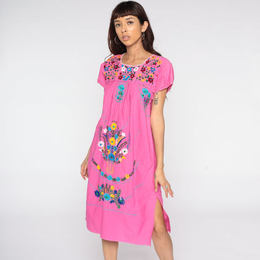Vintage Mexican Pink Cotton Midi Dress Embroidered Tunic Medium