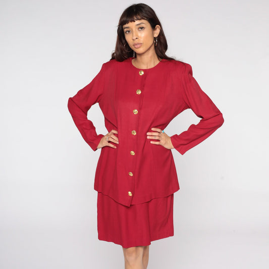 80s Red Button-Up Dress Gold Buttons Knee Length Long Sleeve Medium