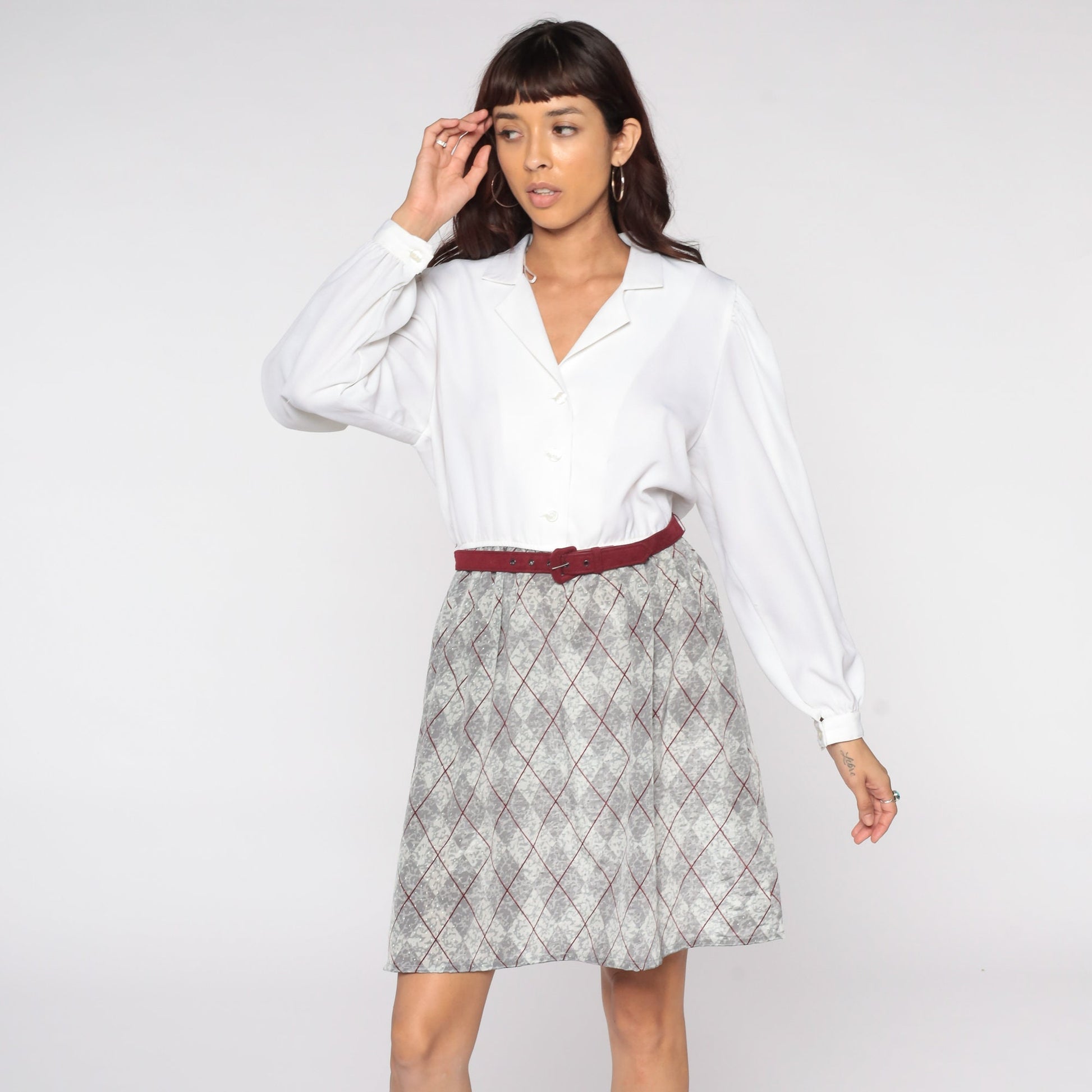 80s Leslie Fay Plaid Mini Dress Puff Sleeve White Grey Checkered Medium