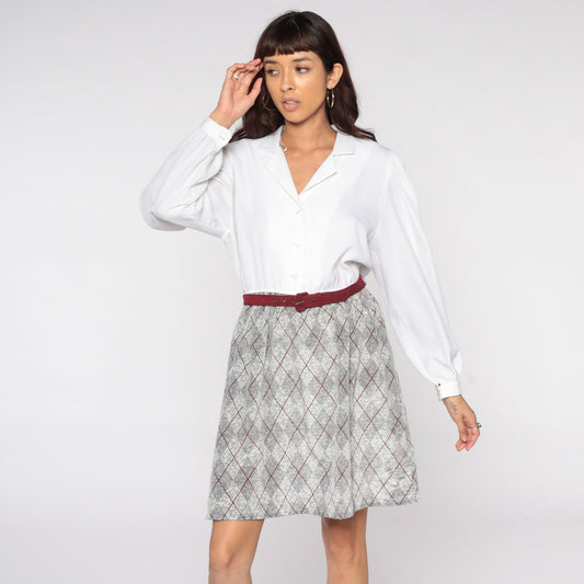 80s Leslie Fay Plaid Mini Dress Puff Sleeve White Grey Checkered Medium