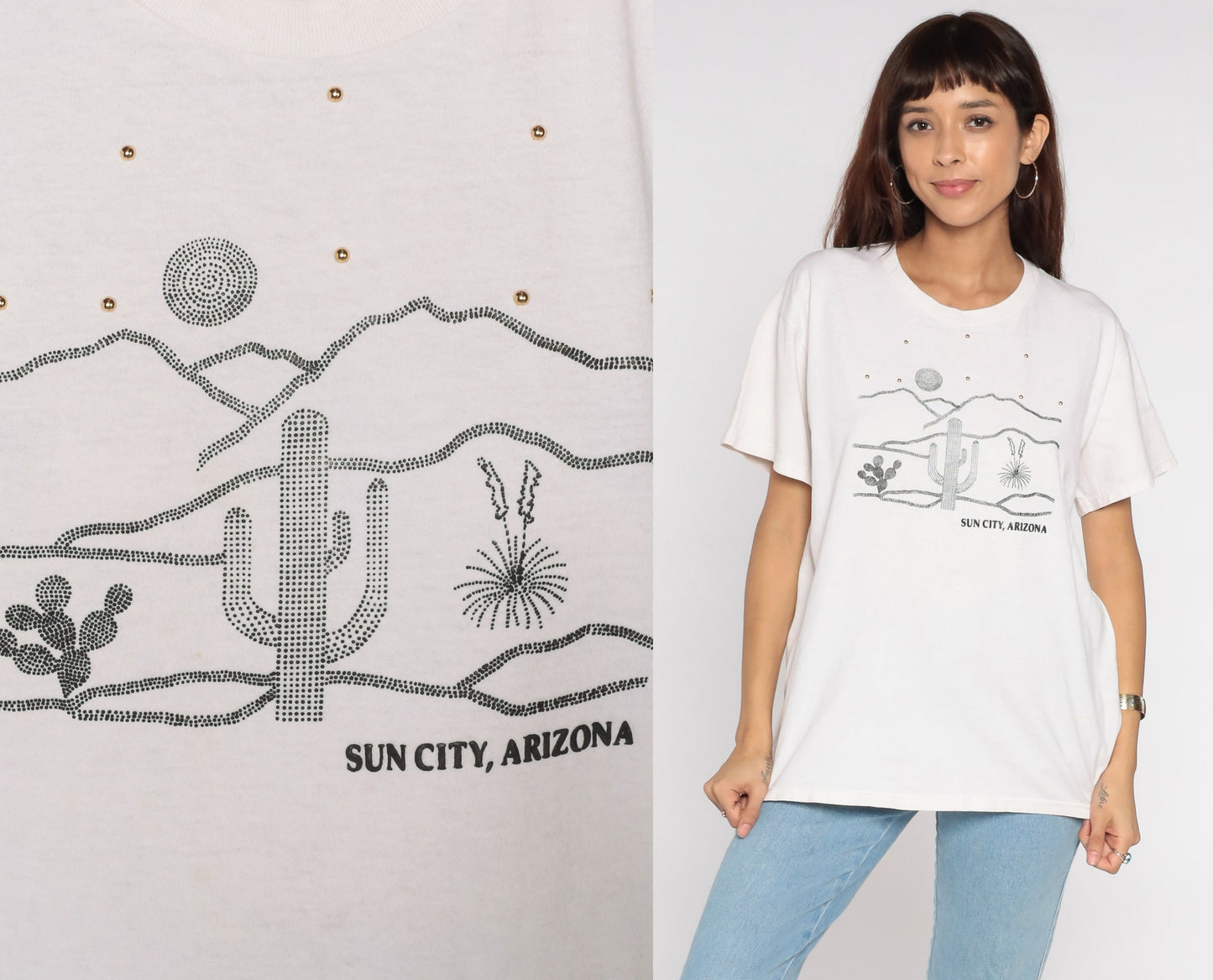 90s Sun City Arizona Graphic T-Shirt Beaded Cactus Desert Print White Cotton Medium