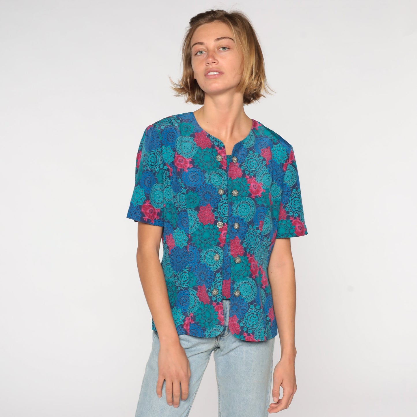 80s Leslie Fay Geometric Button Up Shirt Blue Short Sleeve Medium