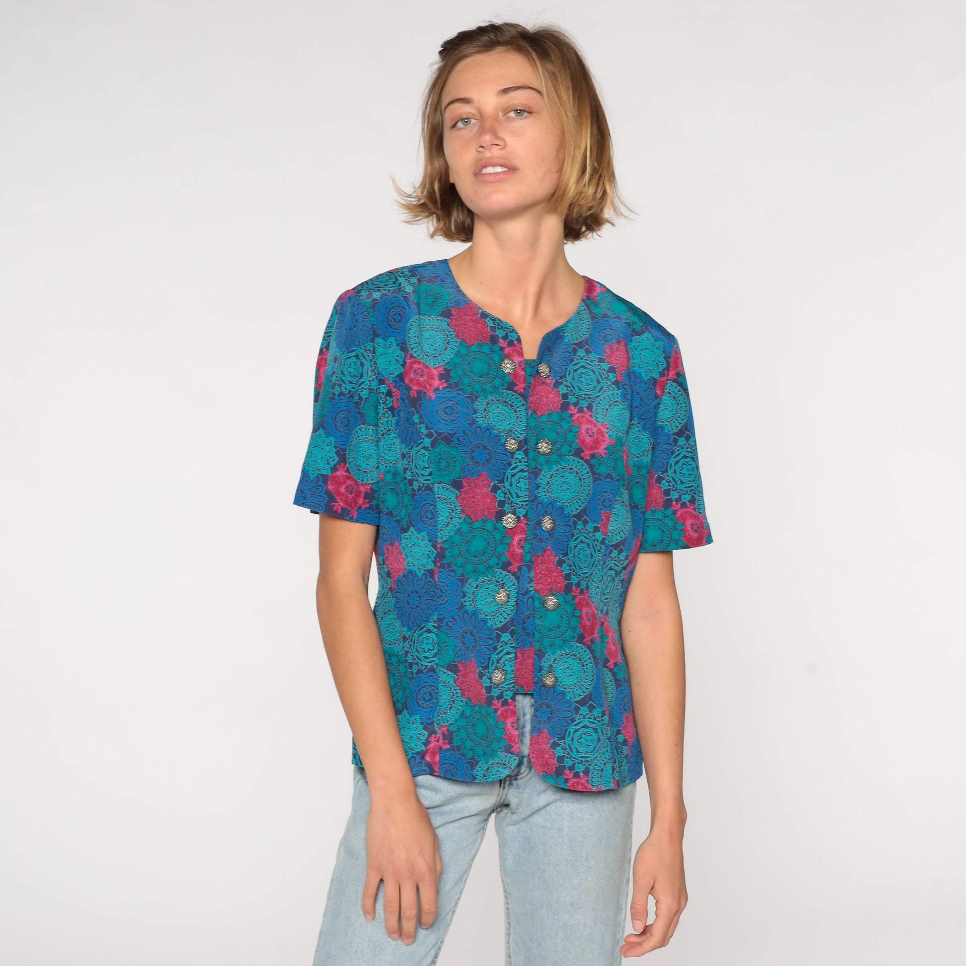 80s Leslie Fay Geometric Button Up Shirt Blue Short Sleeve Medium