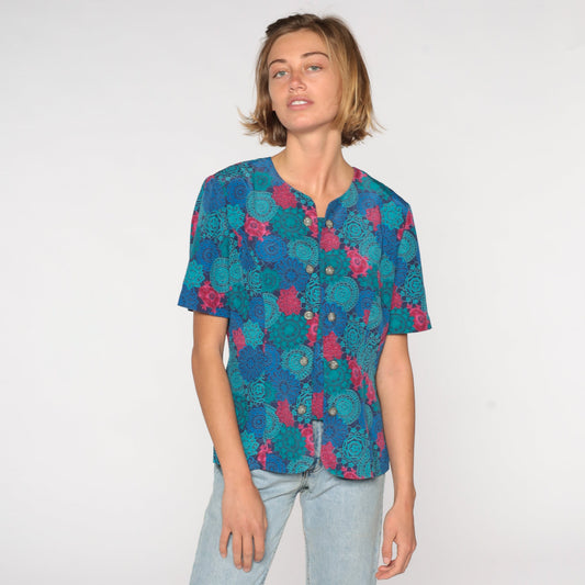 80s Leslie Fay Geometric Button Up Shirt Blue Short Sleeve Medium