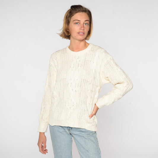 80s Cream Cable Knit Sweater Pullover Crewneck Medium