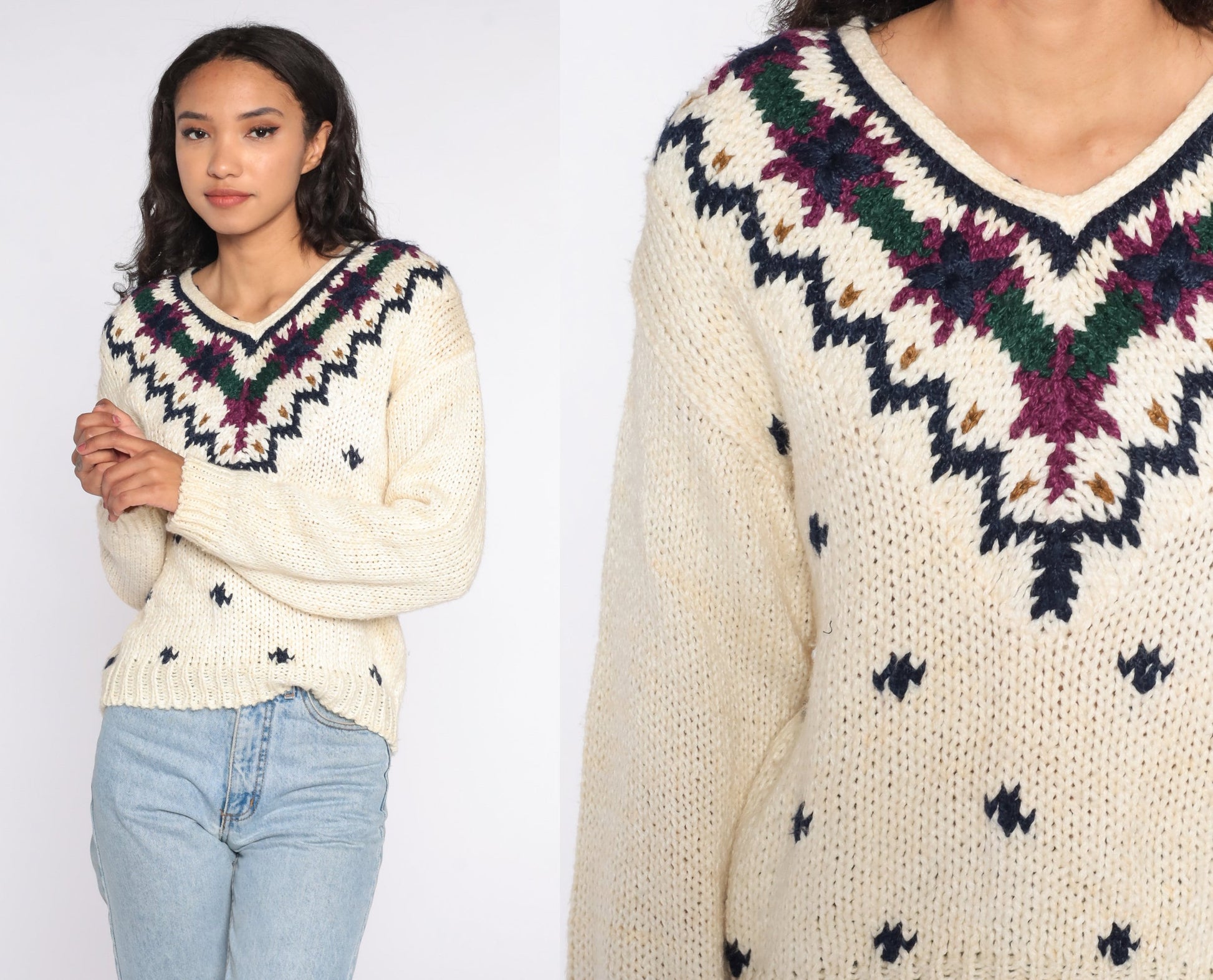 80s Cream Geometric V-Neck Sweater Knit Pullover Small
