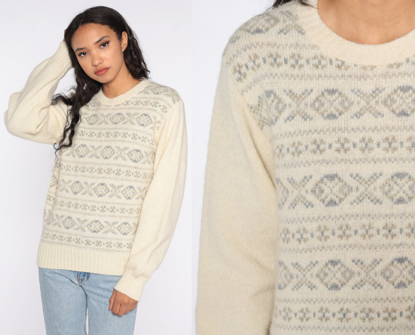 80s Cream Geometric Wool Blend Sweater Knit Pullover Medium