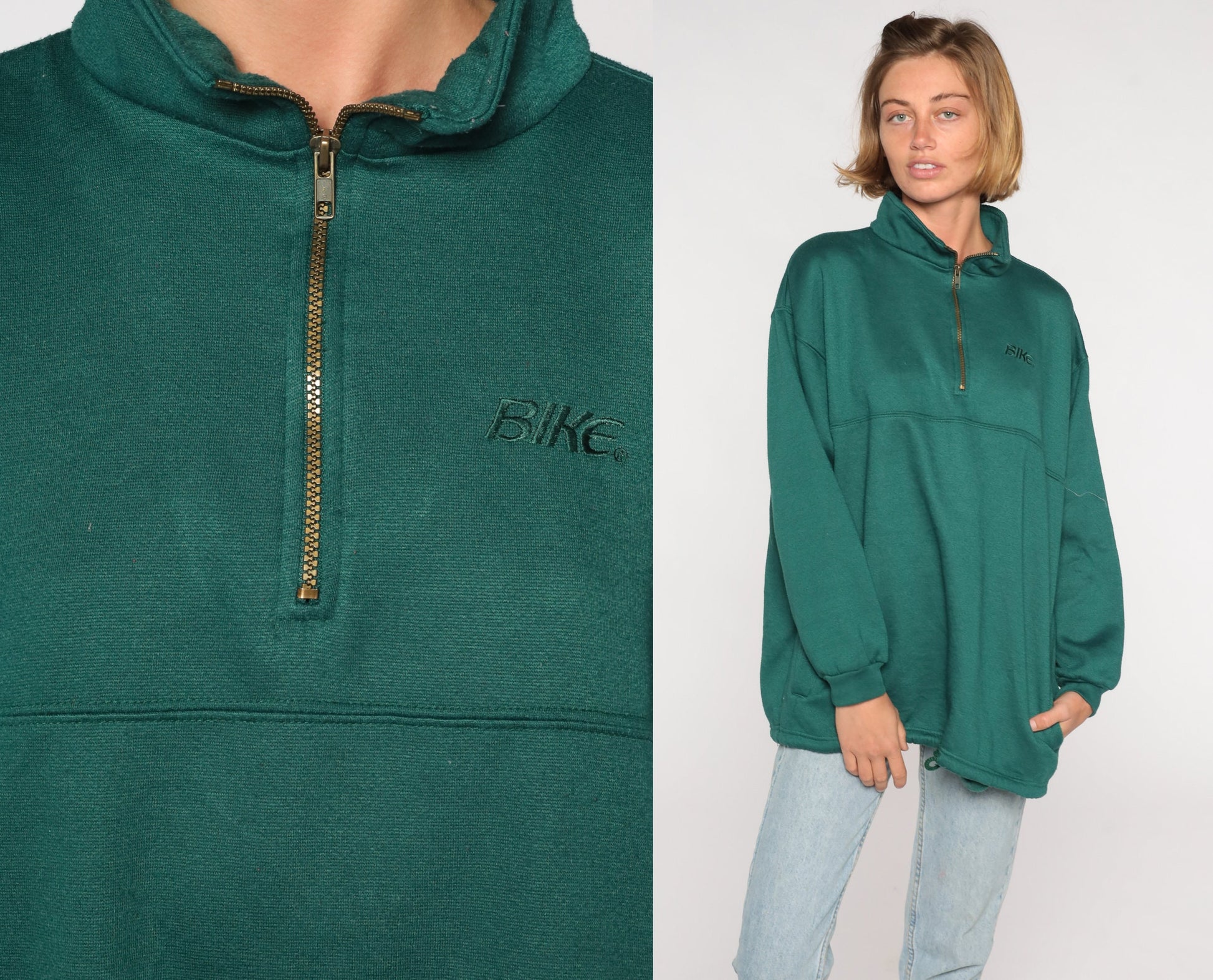 80s Bike Quarter Zip Sweatshirt Green Graphic Pullover Large L