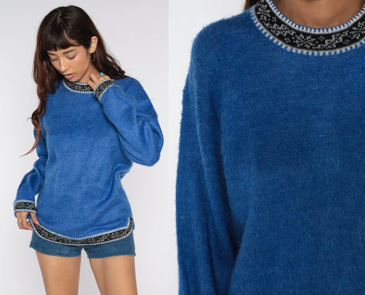 80s Blue Ringer Knit Sweater Nordic Trim Pullover Medium
