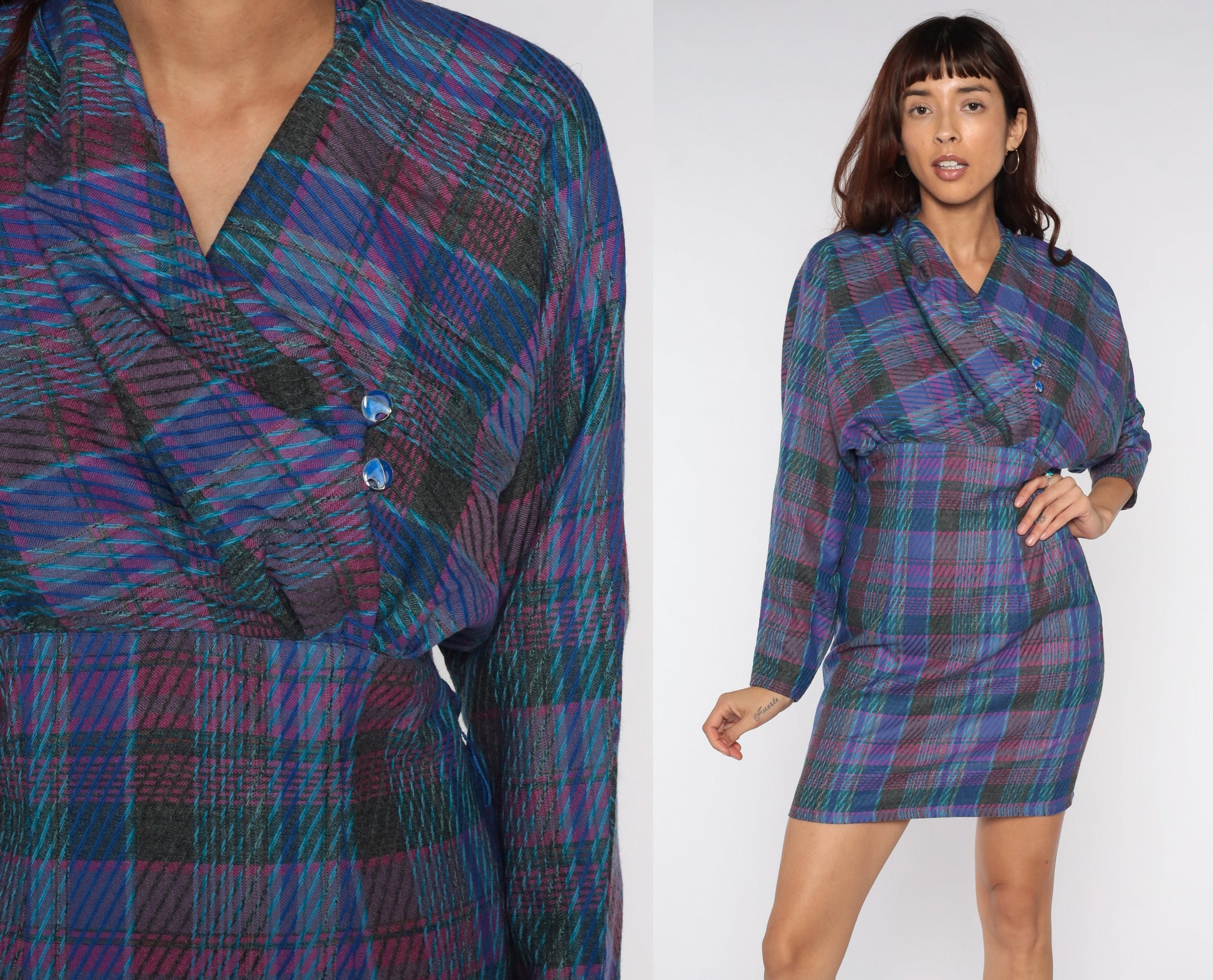 1970s Purple Plaid Mini Dress V-Neck Dolman Sleeve Pencil Skirt Medium