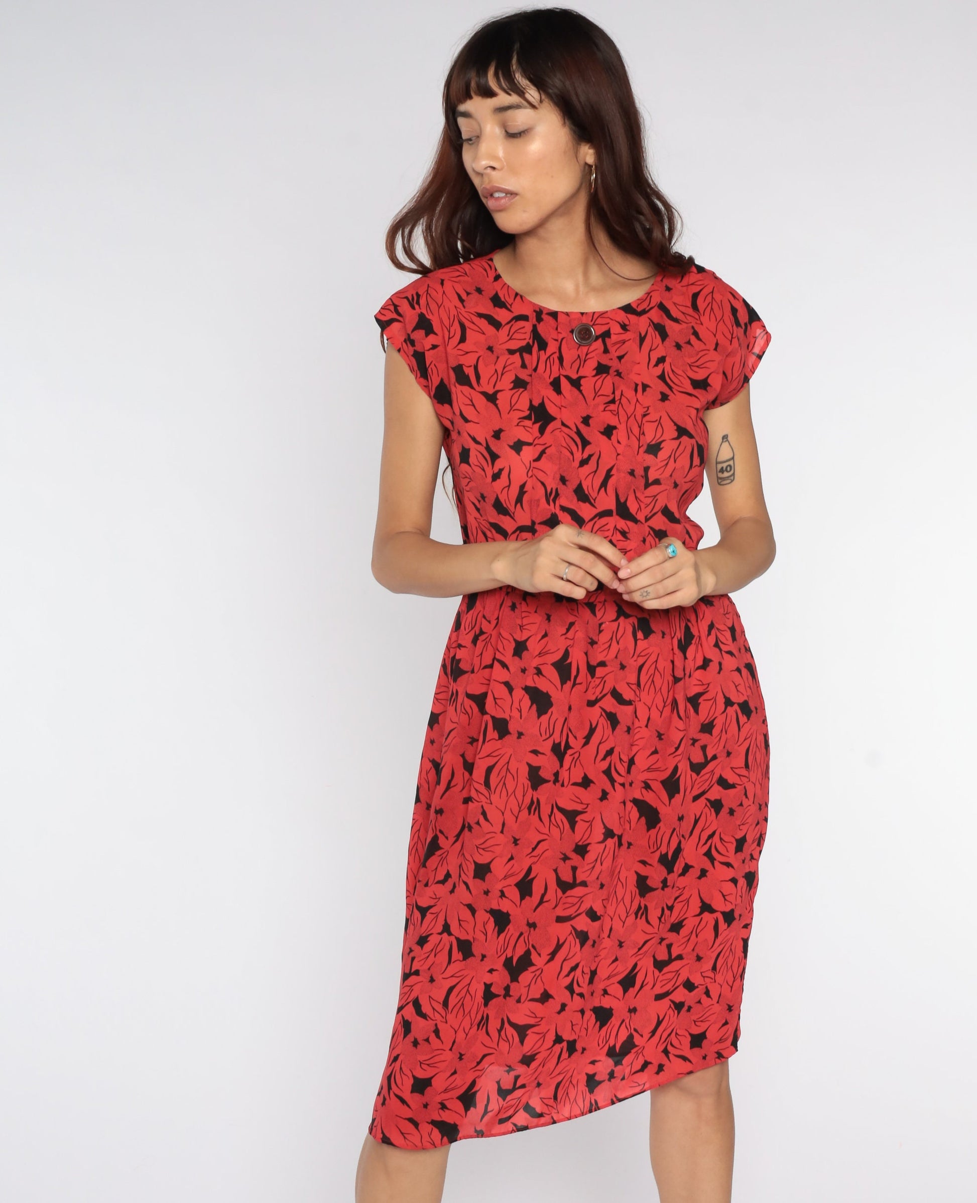 80s Floral Midi Dress Red Black Cap Sleeve High Waist Medium