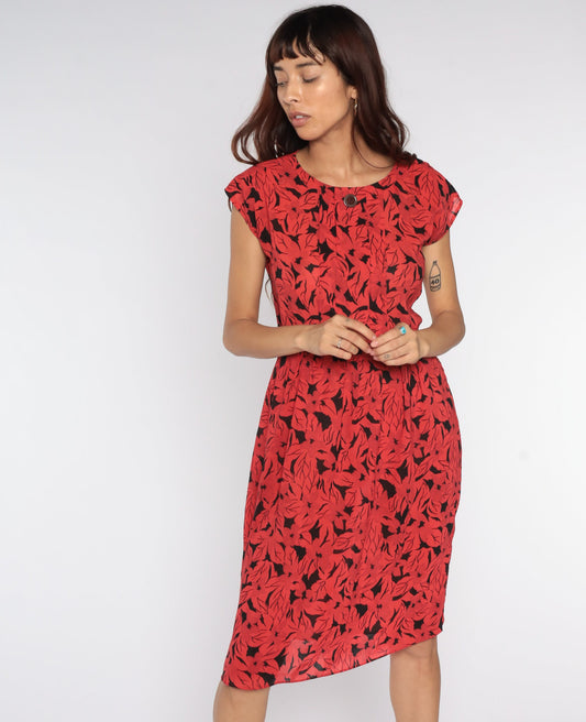 80s Floral Midi Dress Red Black Cap Sleeve High Waist Medium