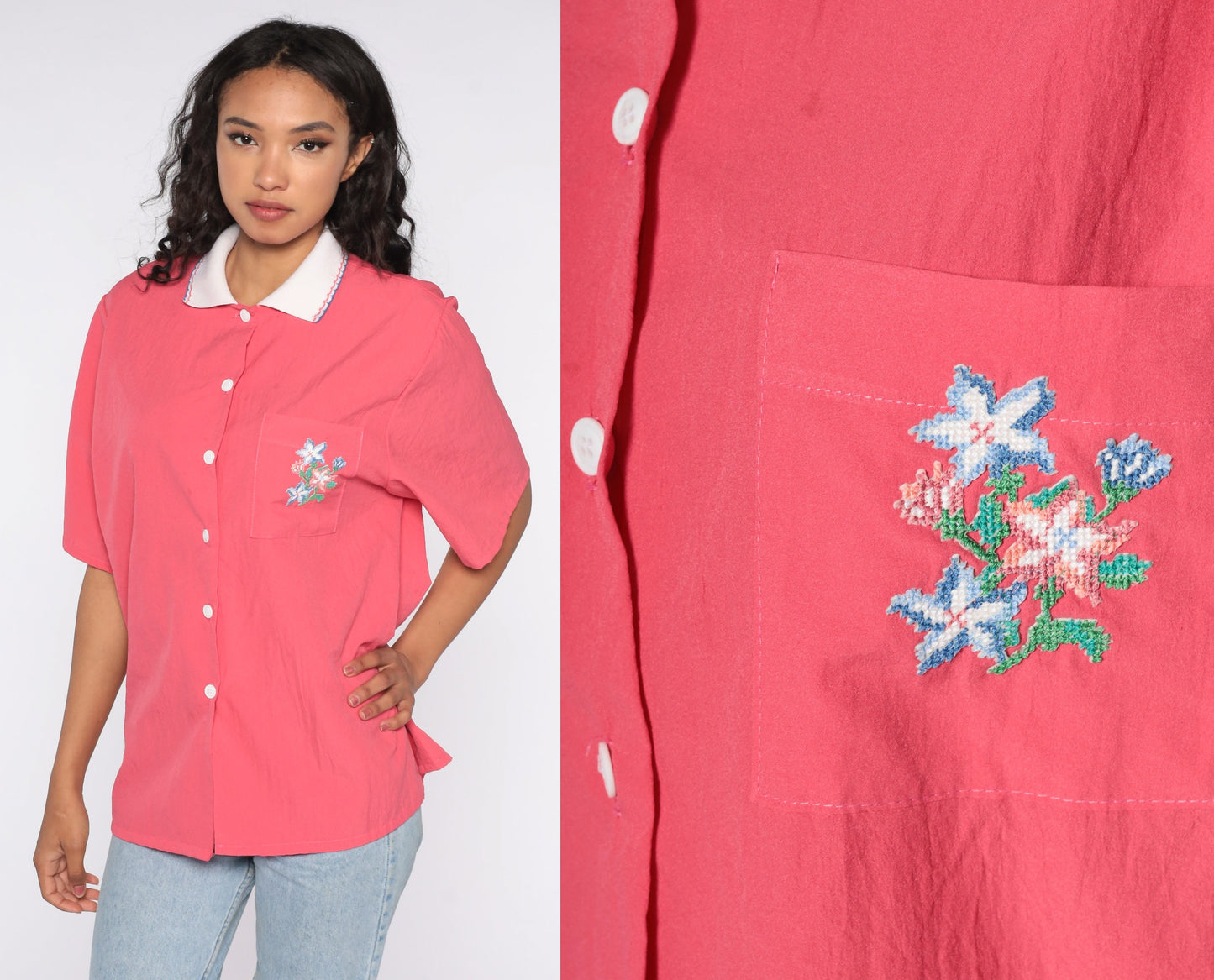 90s Bonworth Floral Button Up Blouse Pink Pocket Shirt Extra Large