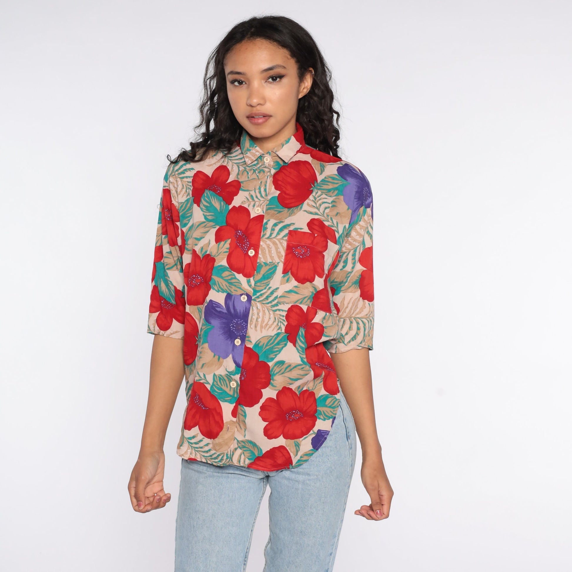 90s Floral Rayon Button-Up Blouse Taupe Red Flower Print Small