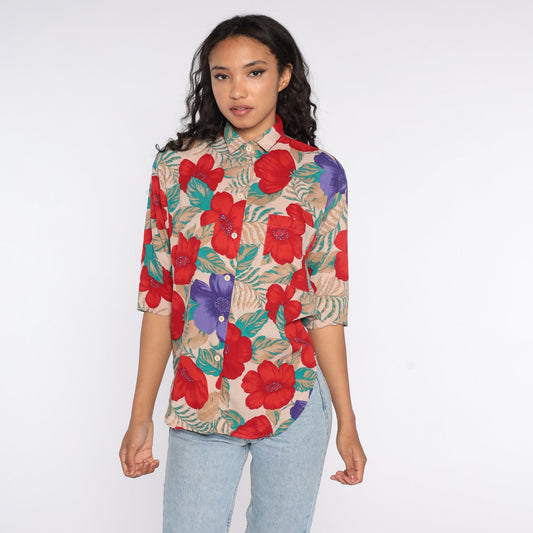 90s Floral Rayon Button-Up Blouse Taupe Red Flower Print Small
