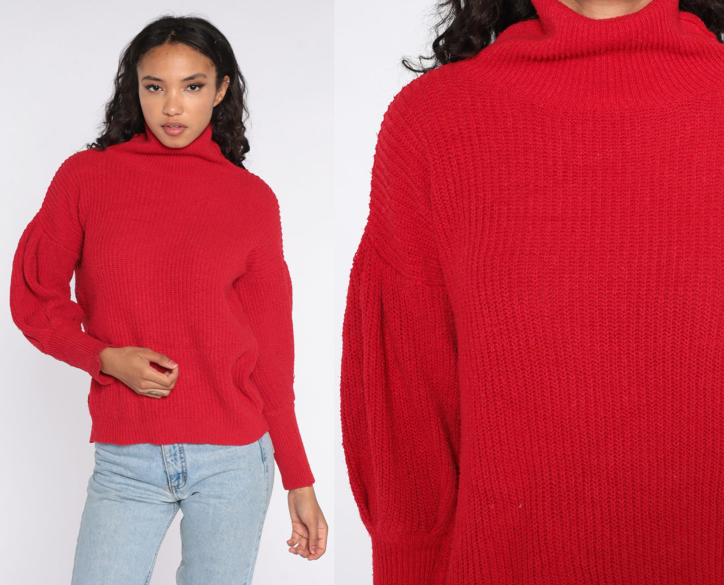 80s Red Mock Neck Balloon Sleeve Knit Sweater Medium