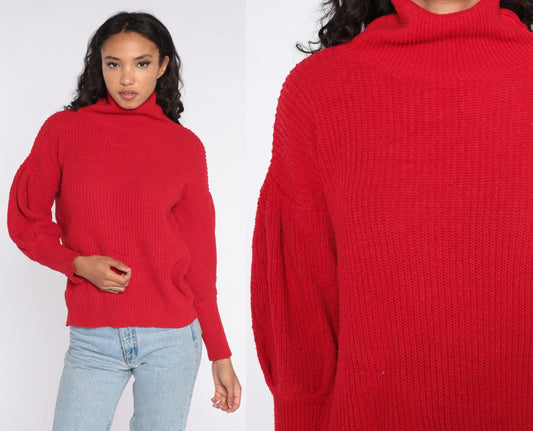 80s Red Mock Neck Balloon Sleeve Knit Sweater Medium