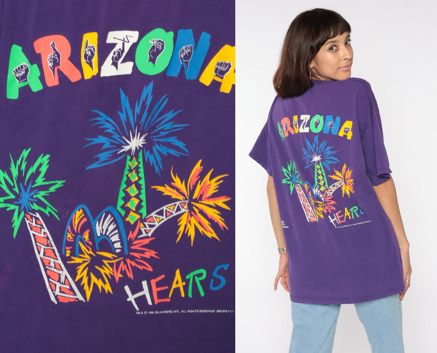 90s HEARS Arizona Sign Language Graphic T-Shirt Purple Cotton Pocket Tee Extra Large XL
