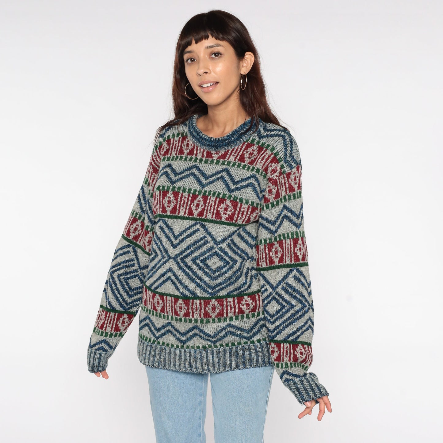 80s Geometric Wool Knit Sweater Grey Blue Red Striped Abstract Small Medium