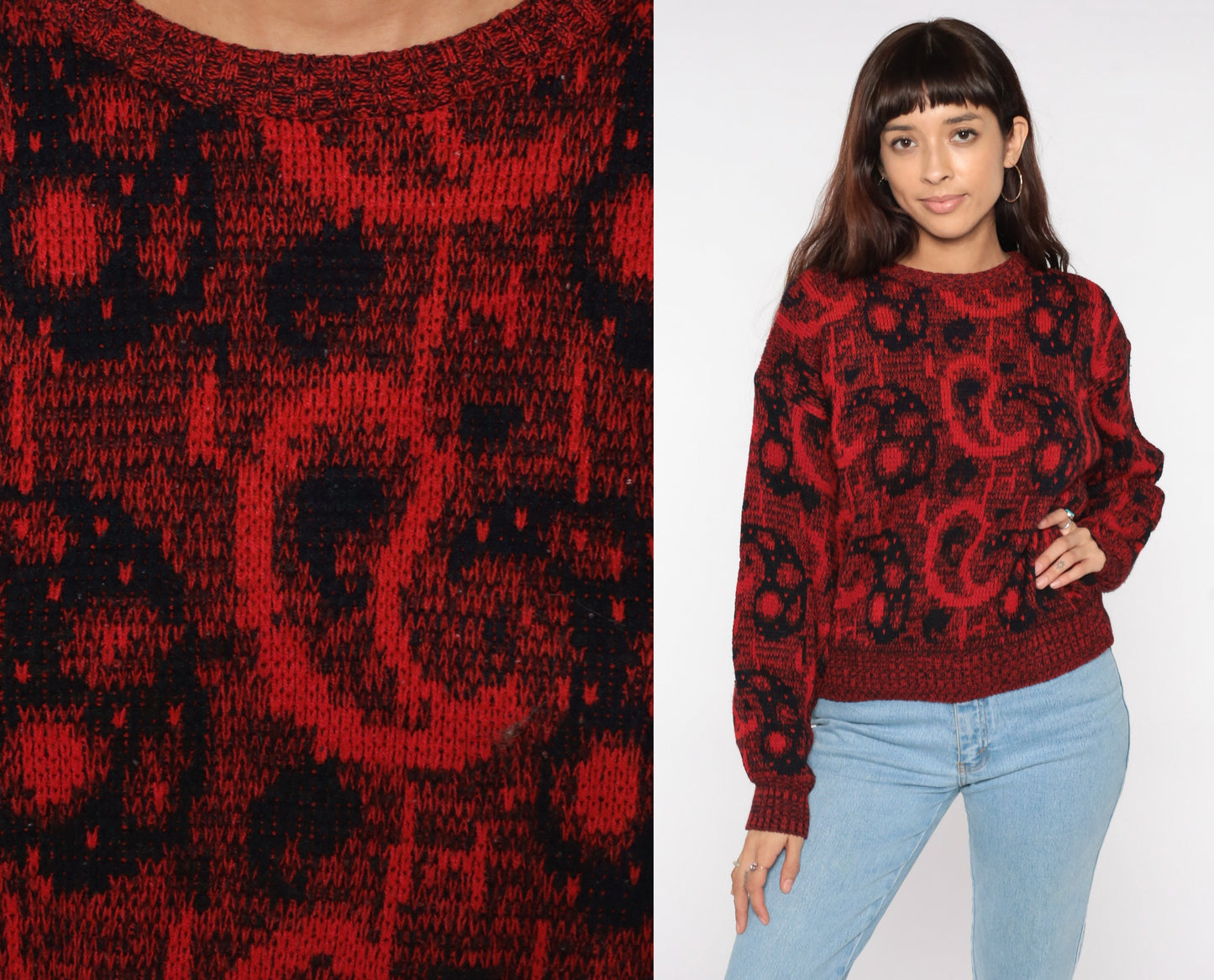 80s Paisley Pullover Sweater Red Black Acrylic Knit Medium