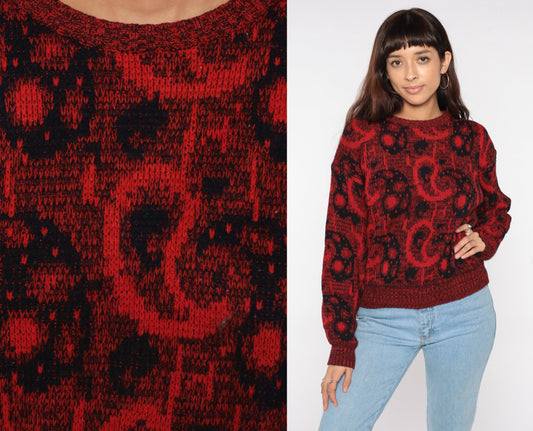 80s Paisley Pullover Sweater Red Black Acrylic Knit Medium