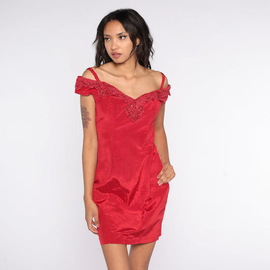 80s Zum Zum Red Off-Shoulder Mini Dress Glitter Trim Bodycon Small