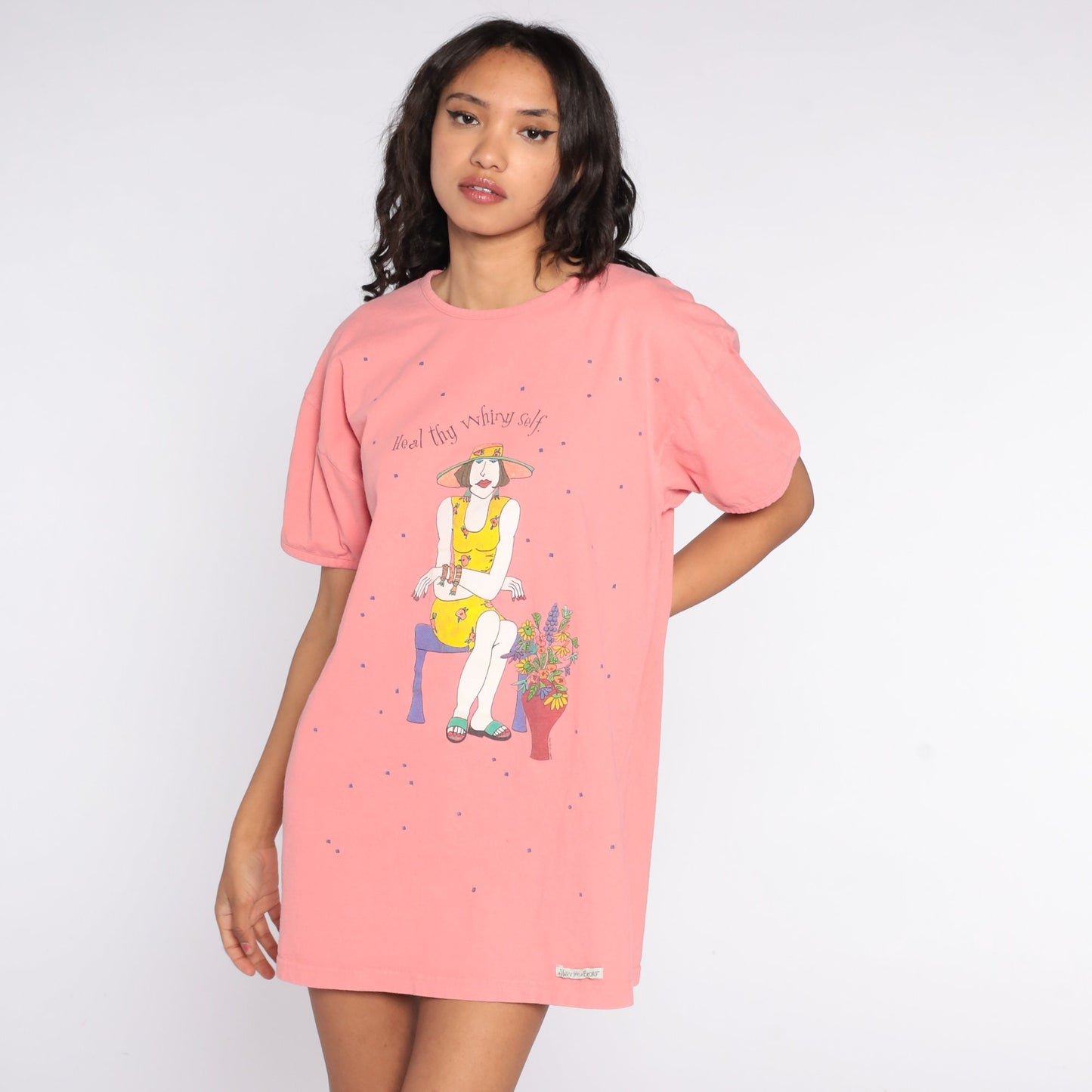 00s Heal Thy Whiny Self Graphic T Shirt Dress Cotton Knee Mini Small