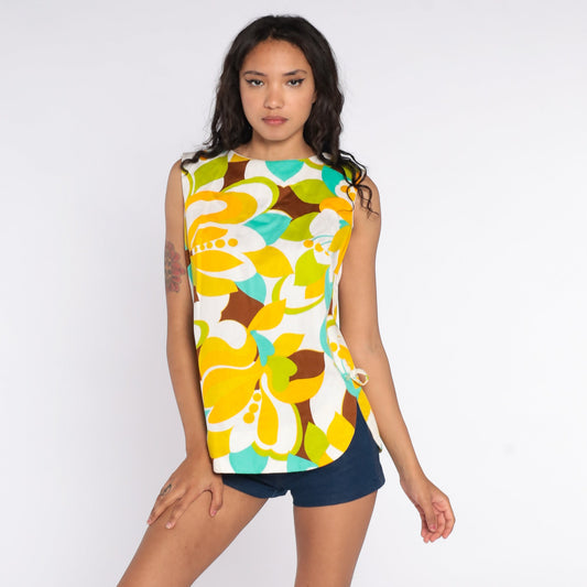 70s Floral Tank Top Tropical Print Sleeveless Blouse Medium