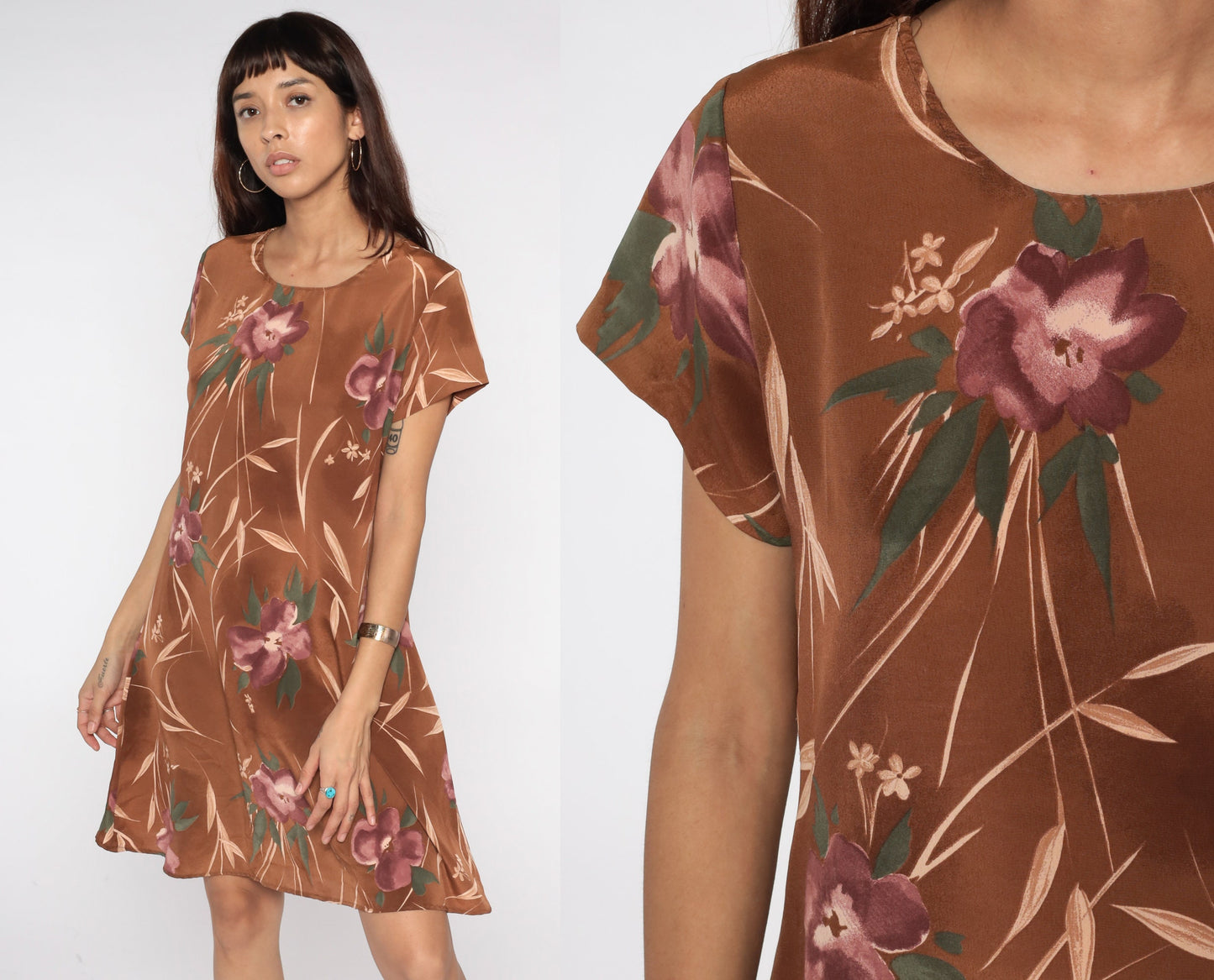 90s Brown Floral Mini Dress Shift Cut Short Sleeve Medium