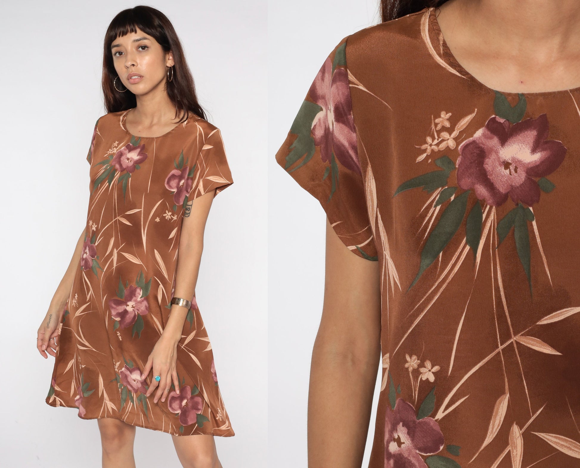 90s Brown Floral Mini Dress Shift Cut Short Sleeve Medium