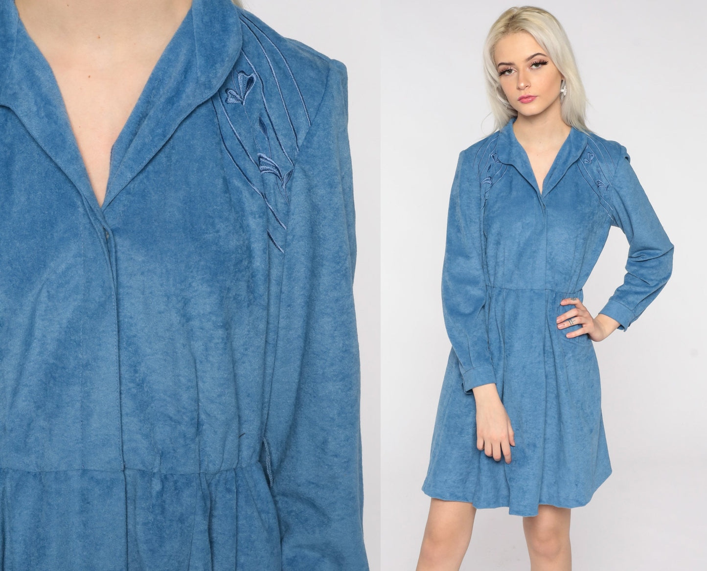 80s Blue Floral Embroidered Mini Shirtdress High Waist Button Up Long Sleeve Medium