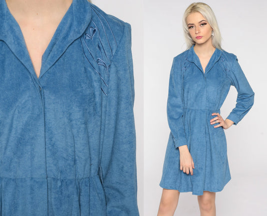 80s Blue Floral Embroidered Mini Shirtdress High Waist Button Up Long Sleeve Medium