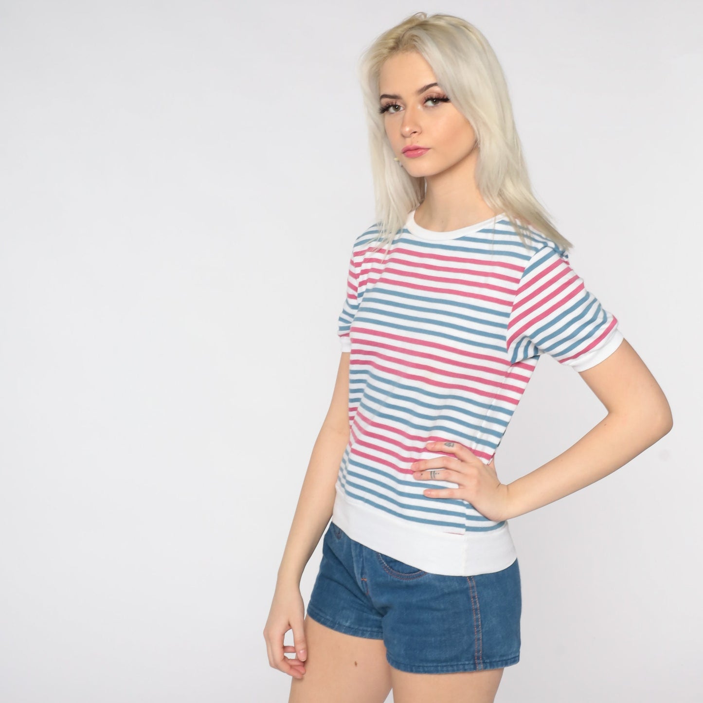 80s Striped Ringer Tee Pink Blue White Cotton Shirt Small S