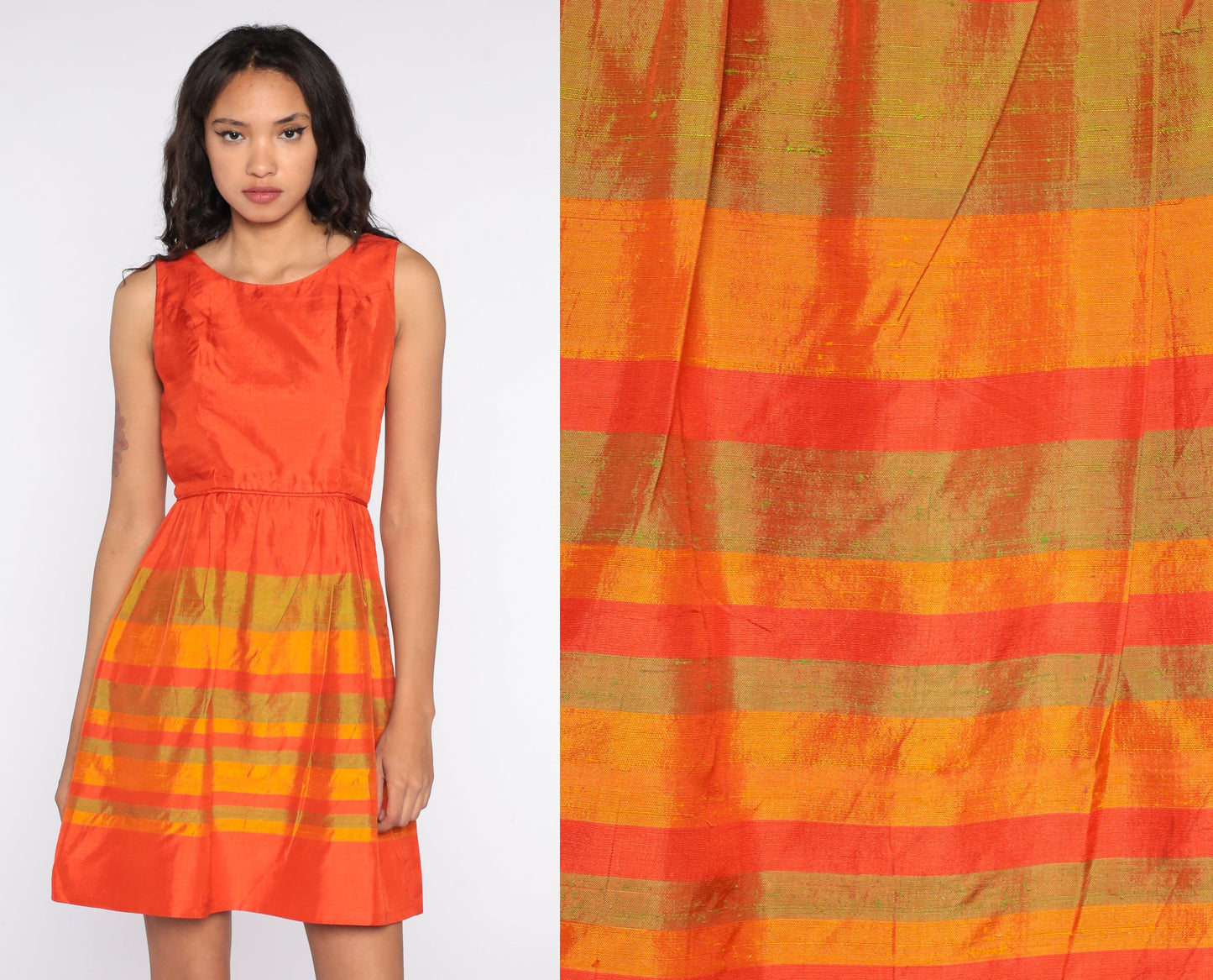 60s Orange Striped Mini Dress High Waist Sleeveless Cocktail Small