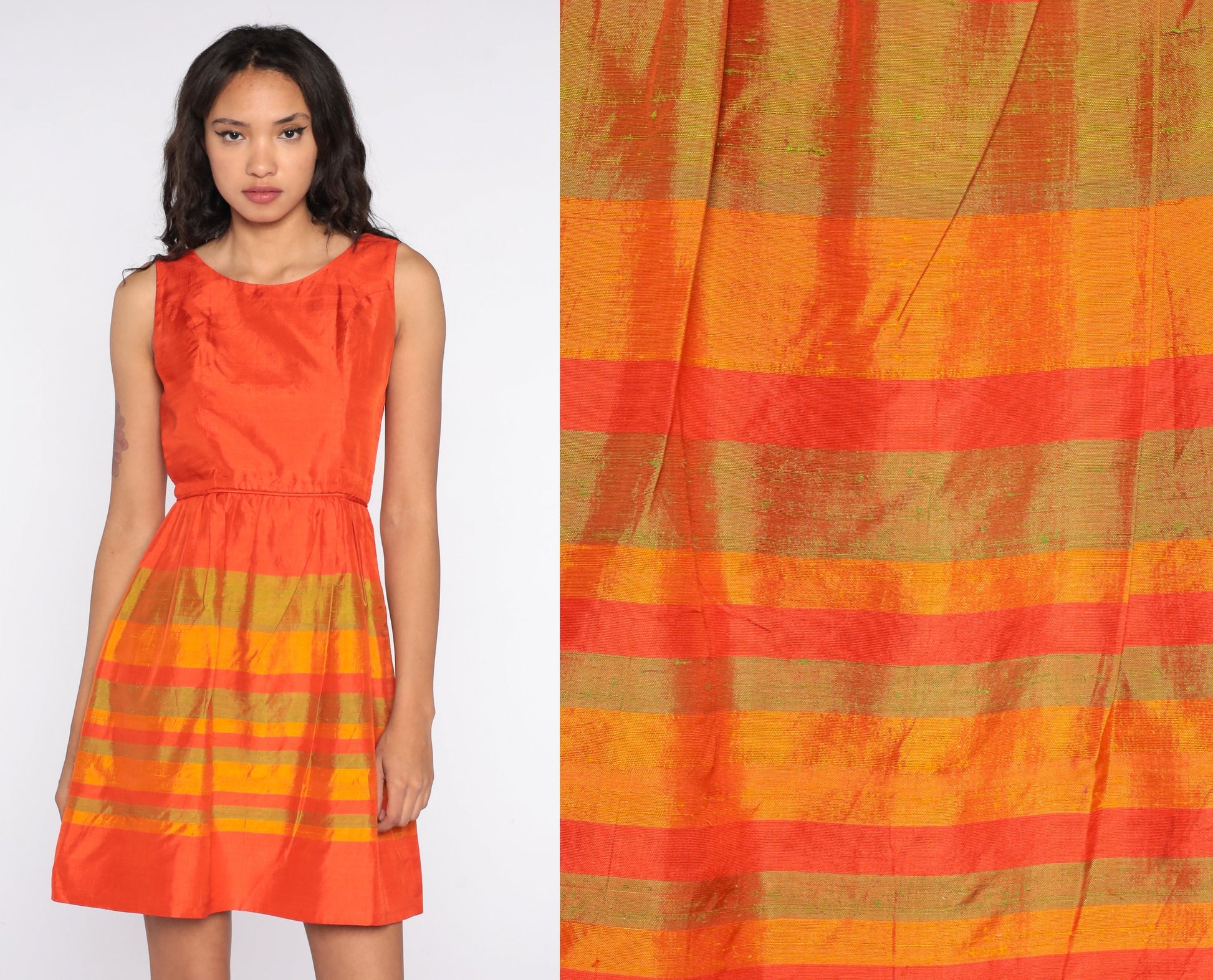 60s Orange Striped Mini Dress High Waist Sleeveless Cocktail Small